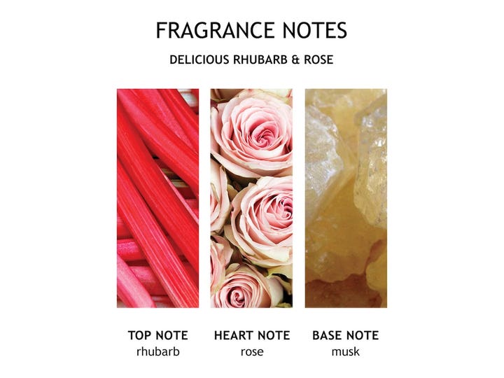 Molton Brown Delicious Rhubarb & Rose Hand Cream 40 ml viser duftnoter med rabarbra, rose og musk.