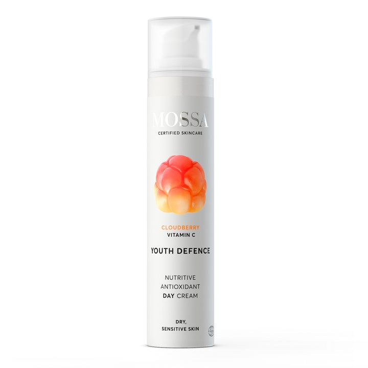 Mossa Youth Defence Nutritive Antioxidant Day Cream nærende dagkrem i hvit flaske med pumpe og bilde av et multebær