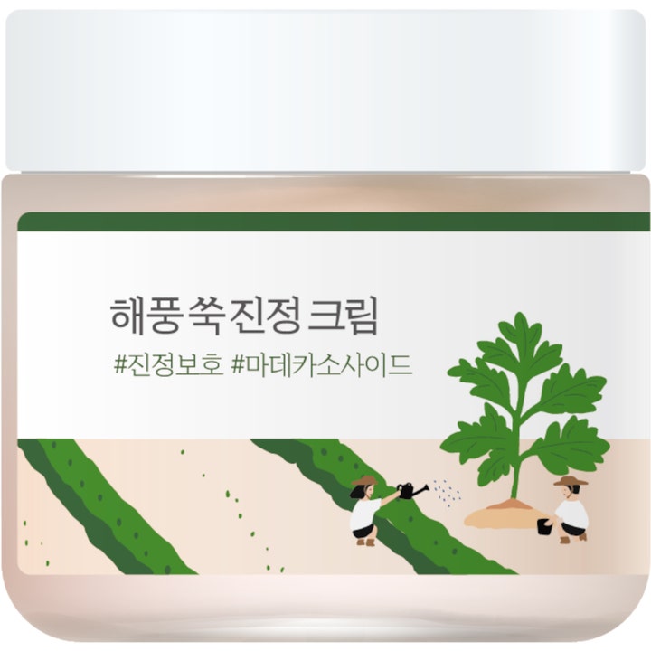 Round Lab Mugwort Calming Cream beroligende ansiktskrem i beige krukke med hvitt lokk og grønn illustrasjon