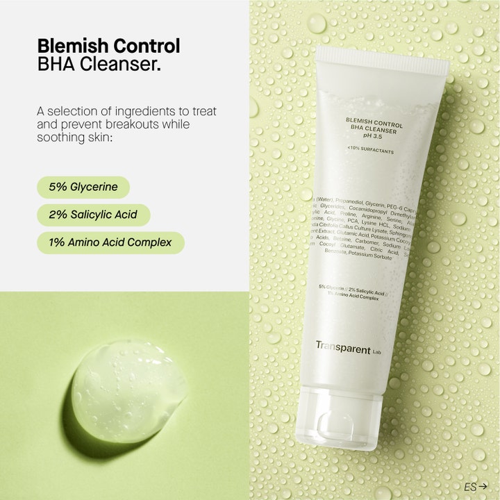 Niche Beauty Lab Transparent Lab Blemish Control Bha Cleanser 150 ml mot kviser med geltekstur på grønn bakgrunn