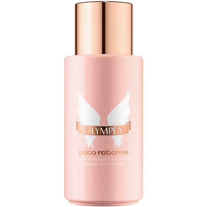 Paco Rabanne Olympēa Sensual Body Lotion gir fuktighet i en rosa flaske med rosegullfarget kork og hvite vinger.