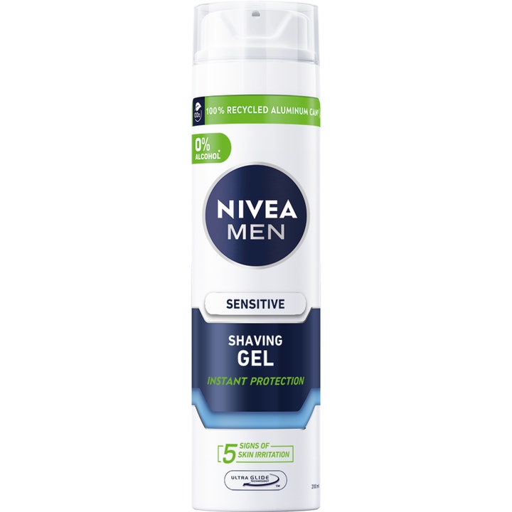 Nivea Men Sensitive Shaving Gel 200 ml beskyttende barbergel i hvit aluminiumsboks med blå detaljer og klar kork.