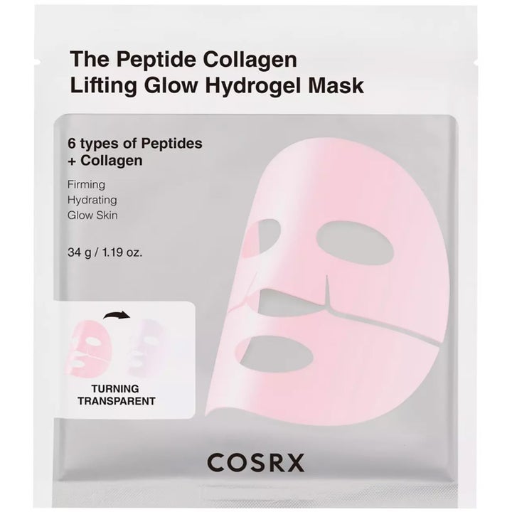 COSRX The Peptide Collagen Lifting Glow Hydrogel Mask 34 g oppstrammende ansiktsmaske med rosa gel i hvit forpakning
