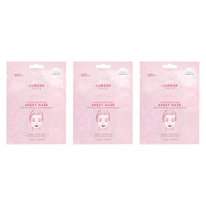 Lumene Hellä Moisturizing Sheet Mask 1 stk gir fuktighet i tre lyserosa poser med kvinneillustrasjon og bobler.
