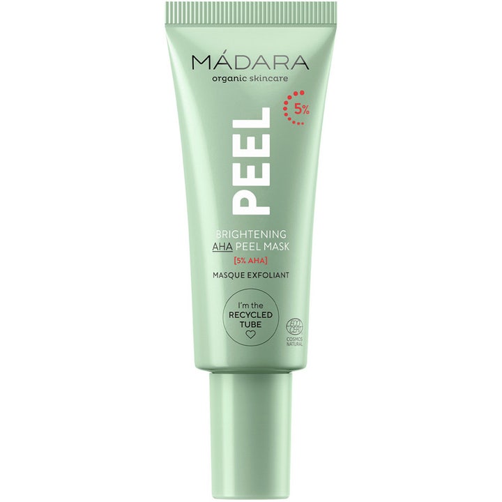 Mádara Brightening AHA Peel Mask eksfolierende ansiktsmaske gir glød i en lysegrønn tube med matchende skrukork