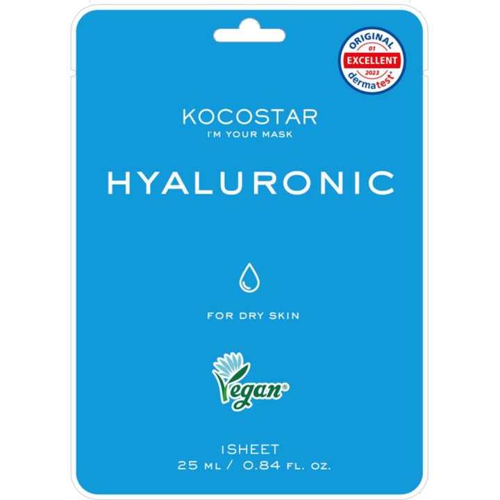Kocostar Hyaluronic I'm Your Mask 25 ml fuktighetsgivende ansiktsmaske i blå sachet med vegansk logo for tørr hud.