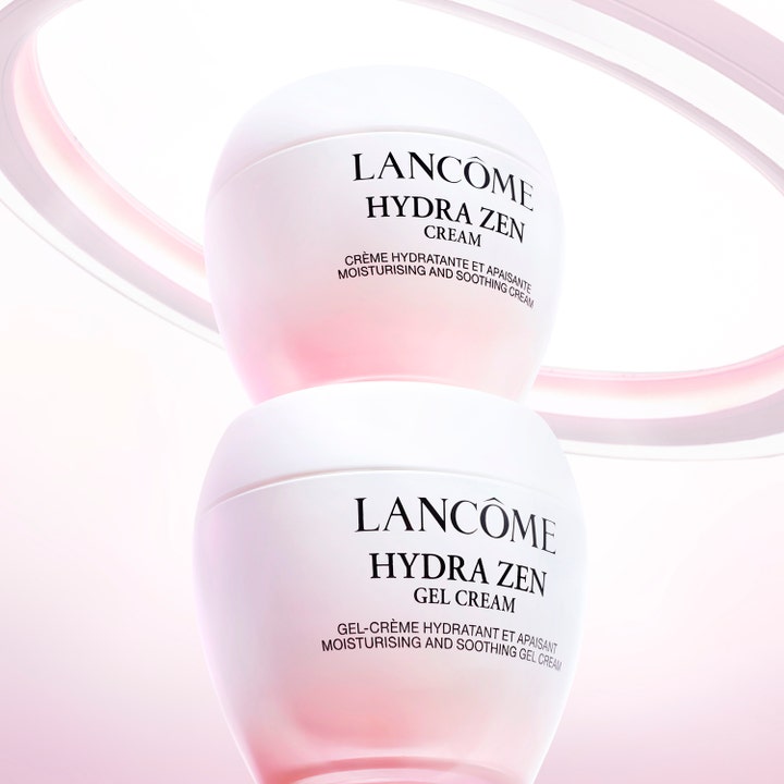Lancôme Hydra Zen Gel Cream 30 ml beroligende dagkrem i to rosa krukker stablet mot lys bakgrunn