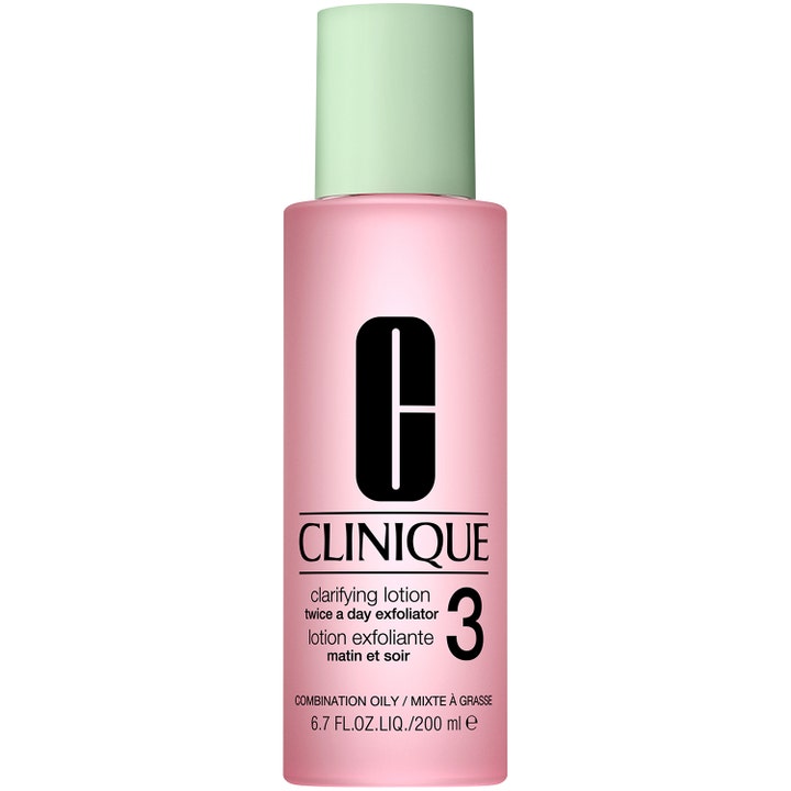 Clinique Clarifying Lotion 3 200 ml eksfolierende ansiktsvann i rosa flaske med lysegrønn kork for fet hud