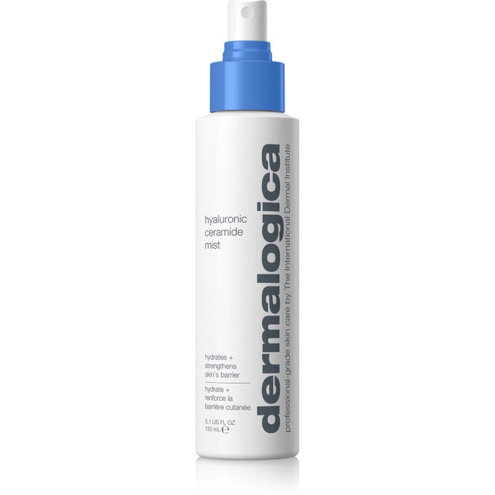 Dermalogica Hyaluronic Ceramide Mist 150 ml fuktighetsspray i hvit flaske med blå spraypumpe.