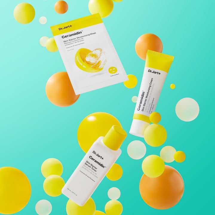 Dr.Jart+ Ceramidin Skin Barrier Moisturizing Mask 22 g ansiktsmaske med krem og toner blant gule sfærer