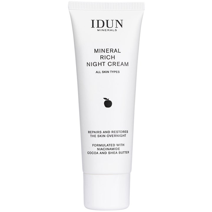 IDUN Minerals Mineral Rich Night Cream reparerende nattkrem med niacinamide og sheasmør i hvit tube med sort tekst