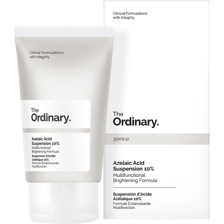 The Ordinary Azelaic Acid Suspension 10% 30ml opplysende ansiktskrem som gir jevnere hudtone i hvit tube og eske