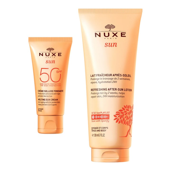 Nuxe Sun set med After-Sun Lotion 200 ml og Melting Cream SPF50 50 ml i gullfargede tuber som beskytter huden.