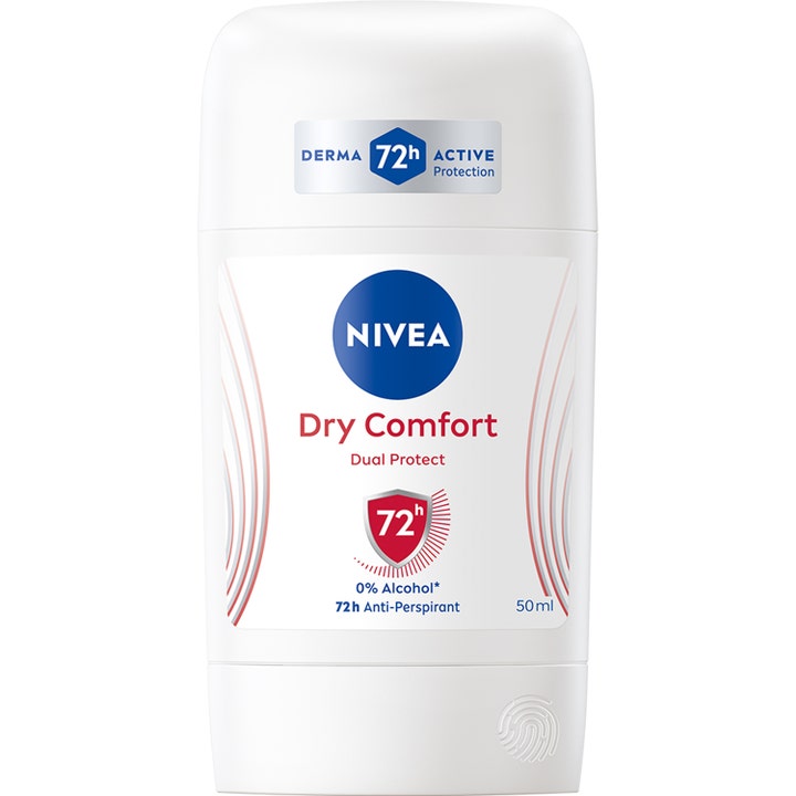 Nivea Dry Comfort 50 ml deodorantstift gir 72h beskyttelse i en hvit plastbeholder med blå logo og røde detaljer