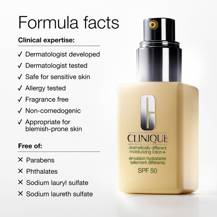 Clinique Dramatically Different SPF 50 75 ml dagkrem i gul pumpeflaske med parfymefri og hudlegeutviklet formel
