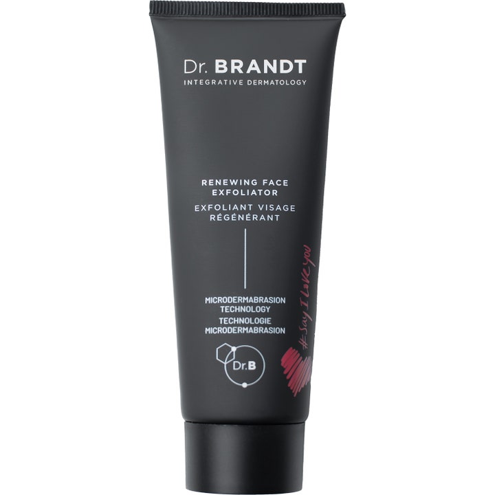 Dr. Brandt Renewing Face Exfoliator eksfolierende ansiktsskrubb i matt svart tube med hvit tekst og rødt hjertemotiv.