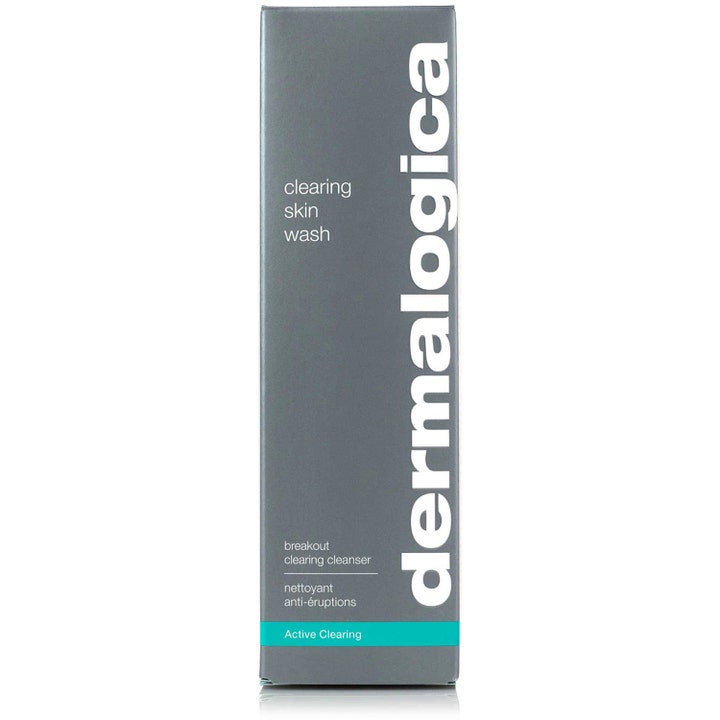 Dermalogica Clearing Skin Wash 500 ml rengjøringsgel mot urenheter i grå eske med hvit tekst og turkis stripe.