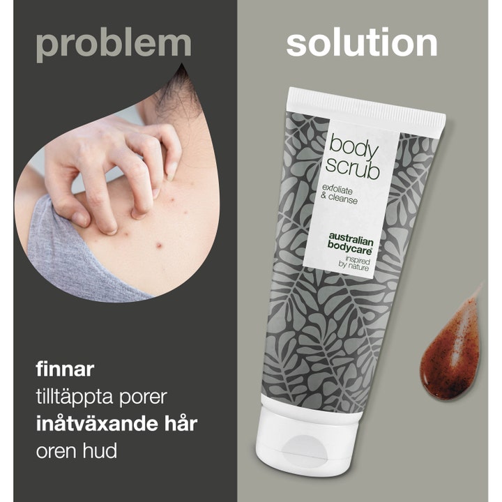 Australian Bodycare Body Scrub 200 ml dyprensende kroppsskrubb mot uren hud i hvit tube med bladmønster og brun tekstur.