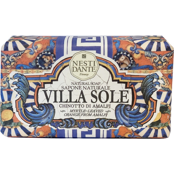 Nesti Dante Villa Sole Chinotto di Amalfi 250g fast såpe gir frisk hud i dekorativt papir med blått middelhavsmønster.