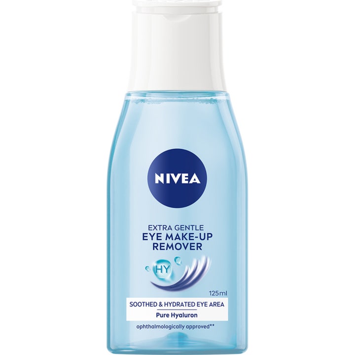 Nivea Extra Gentle Eye Make-up Remover 125 ml fuktgivende øyesminkefjerner med hyaluronsyre i blå plastflaske med hvitt lokk