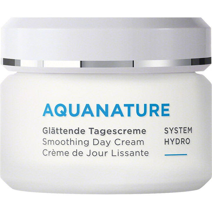 Annemarie Börlind Aquanature System Hydro Smoothing Day Cream utglattende dagkrem i hvit krukke med detaljer i sølv