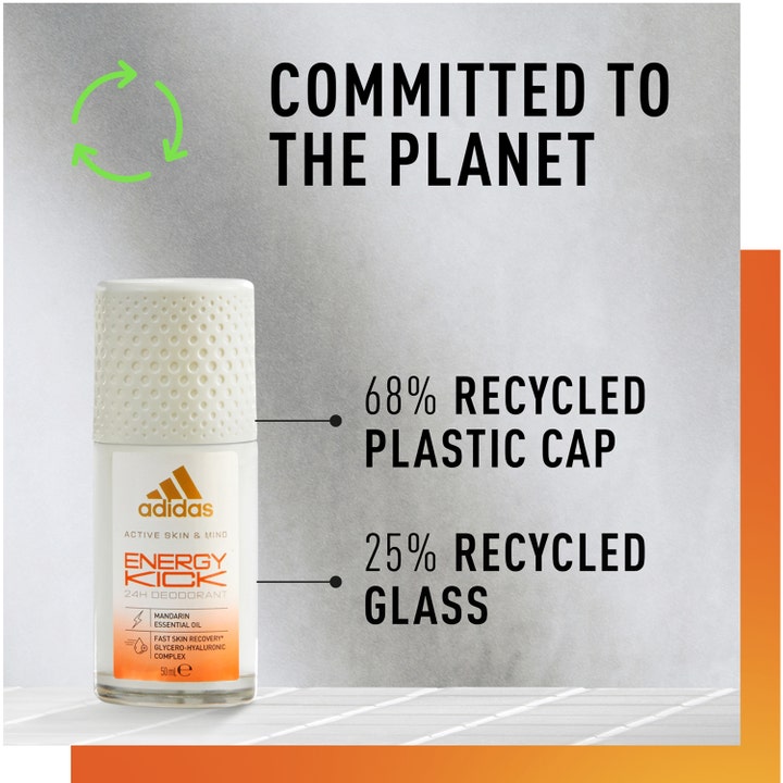 Adidas Skin & Mind Energy Kick Roll-On Deodorant 50 ml i glassflaske med hvit teksturert kork av resirkulert plast