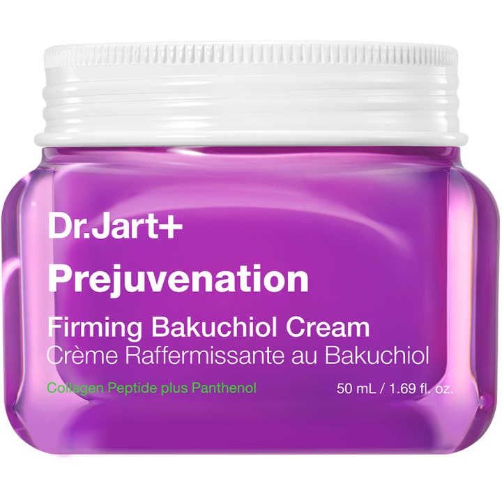 Dr. Jart+ Prejuvenation Firming Bakuchiol Cream 50 ml oppstrammende ansiktskrem i lilla glasskrukke med hvitt lokk