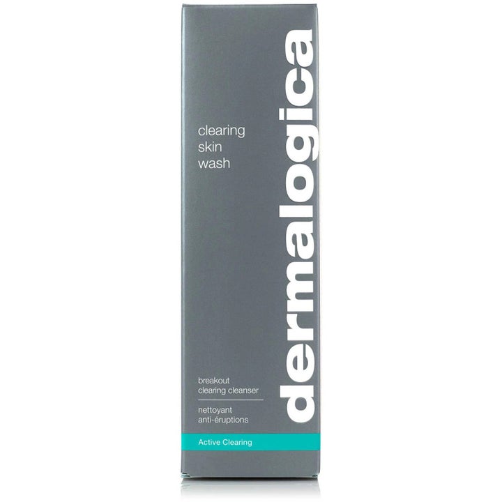 Dermalogica Clearing Skin Wash Duo 500 ml ansiktsrens med salisylsyre i grå eske med hvit skrift og turkis bånd