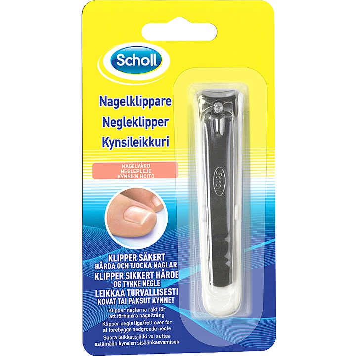 Scholl Negleklipper 1 stk gir sikker neglepleie for harde negler i gul emballasje med sølvfarget klipper i plast.