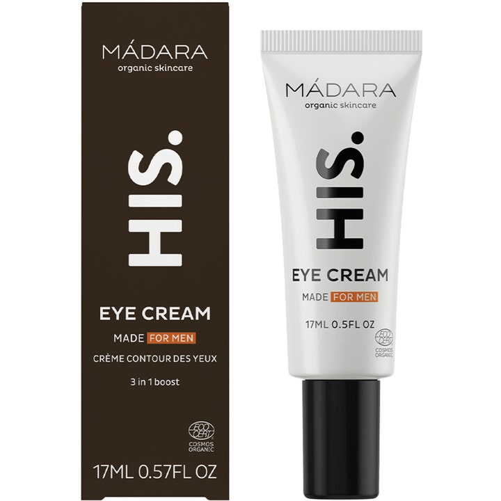 MÁDARA HIS Eye Cream 17 ml fuktighetsgivende øyekrem i hvit tube og mørk brun eske for menn