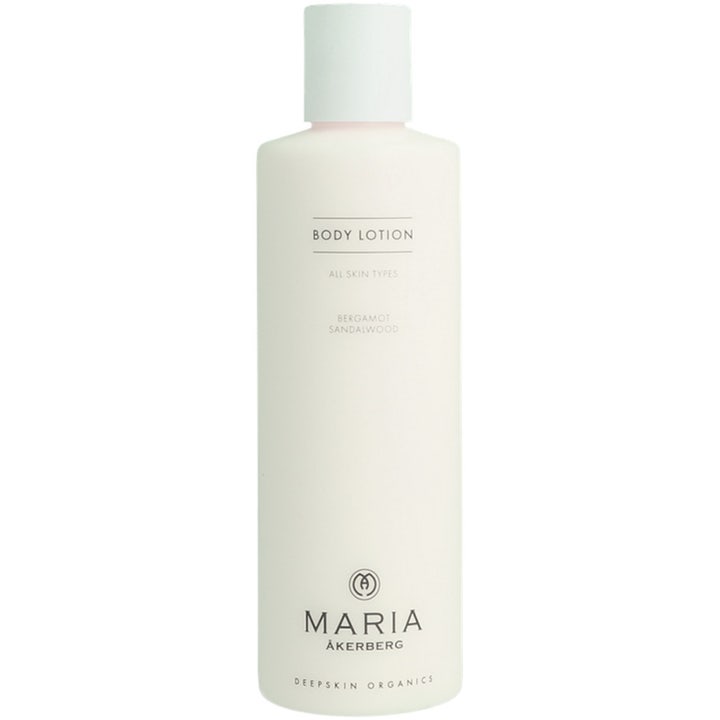Maria Åkerberg Body Lotion Bergamot Sandalwood fuktighetsgivende kroppskrem i hvit minimalistisk flaske med kork
