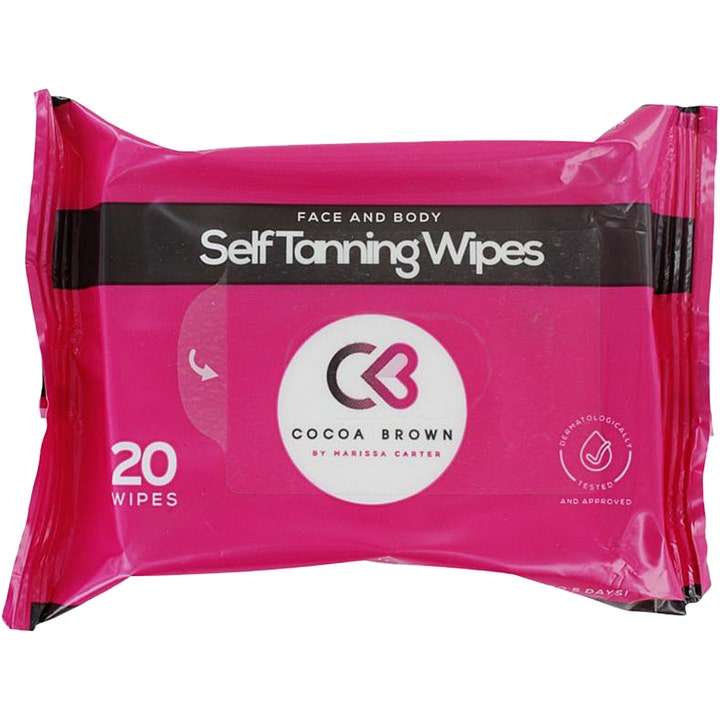 Cocoa Brown Self Tanning Wipes 20 stk selvbruningsservietter som gir glød i rosa og sort plastforpakning
