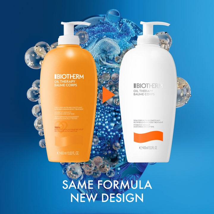 Biotherm Baume Corps Oil Therapy 400 ml fuktighetsgivende bodylotion i oransje og hvit pumpeflaske med nytt design.