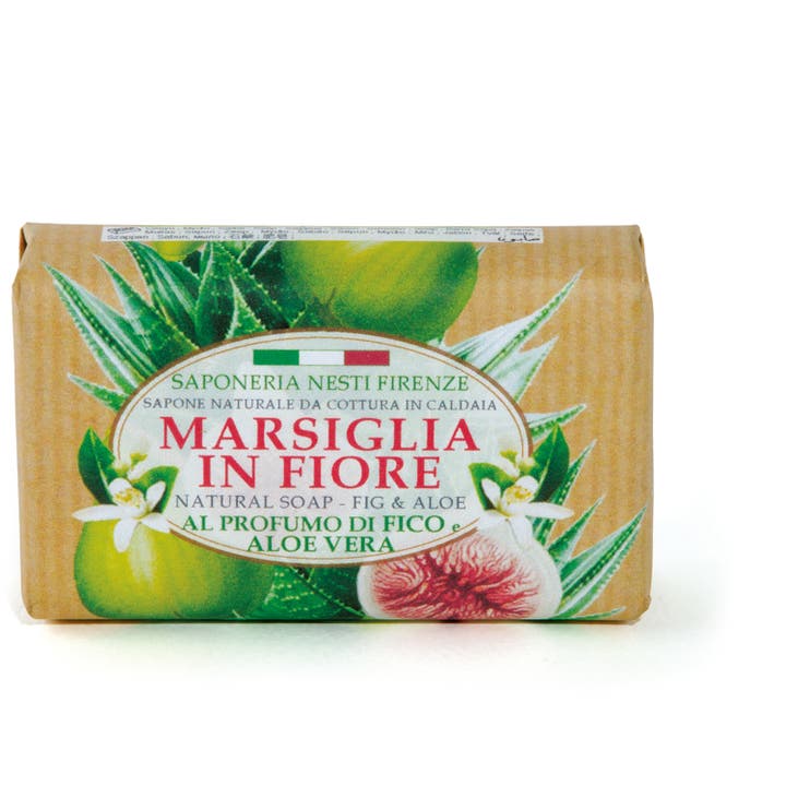 Nesti Firenze Marsiglia in Fiore Fig & Aloe pleiende fast såpe i papir med illustrasjoner av fiken og aloe vera.