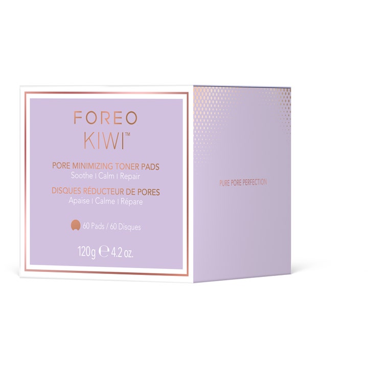 Foreo KIWI Pore Minimizing Toner Pads 60 stk minimerer porer i en lilla ytterforpakning med rosegullramme.