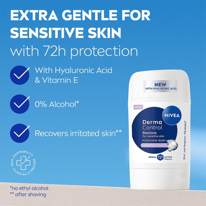NIVEA Derma Control Restore 50 ml deo stick for sensitiv hud med 72h beskyttelse hyaluronsyre og vitamin E