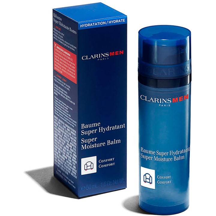 Clarins Men Super Moisture Balm 50 ml fuktighetsgivende ansiktskrem i blå pumpeflaske og ytteremballasje.