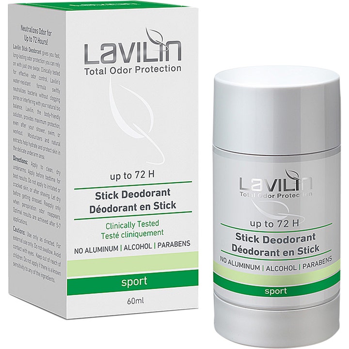 Lavilin Sport Stick Deodorant 60ml motvirker svettelukt i hvit hylse og eske med grønne detaljer.
