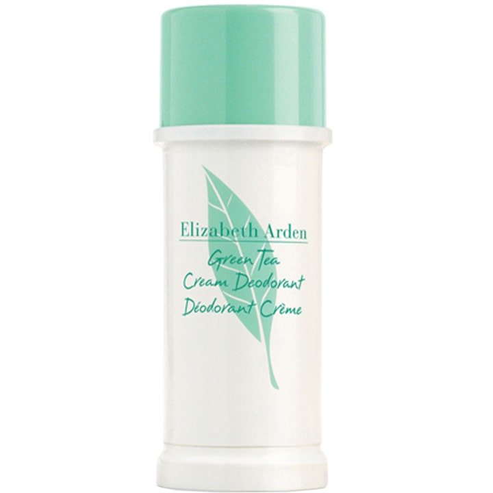 Elizabeth Arden Green Tea Cream Deodorant 40ml beskyttende kremdeodorant i hvit stift med mintgrønt lokk og teblad