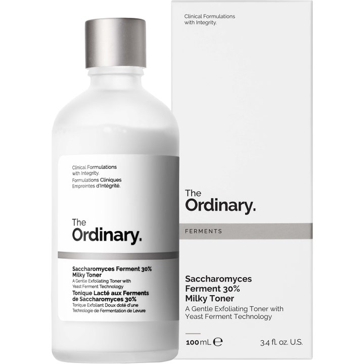 The Ordinary Saccharomyces Ferment 30% Milky Toner 100 ml eksfolierende ansiktsvann i hvit flaske og eske.