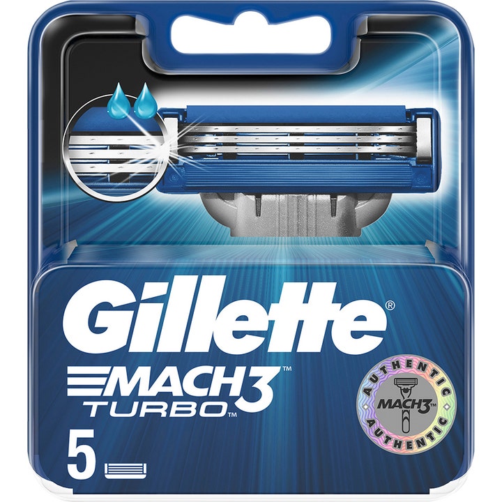 Gillette Mach3 Turbo 5-pakning barberblader gir en tett barbering i blå plastemballasje med tre synlige blader.