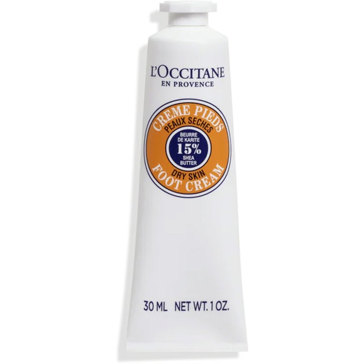 L'Occitane Foot Cream 30 ml fuktighetsgivende fotkrem i hvit tube med blått og oransje emblem.