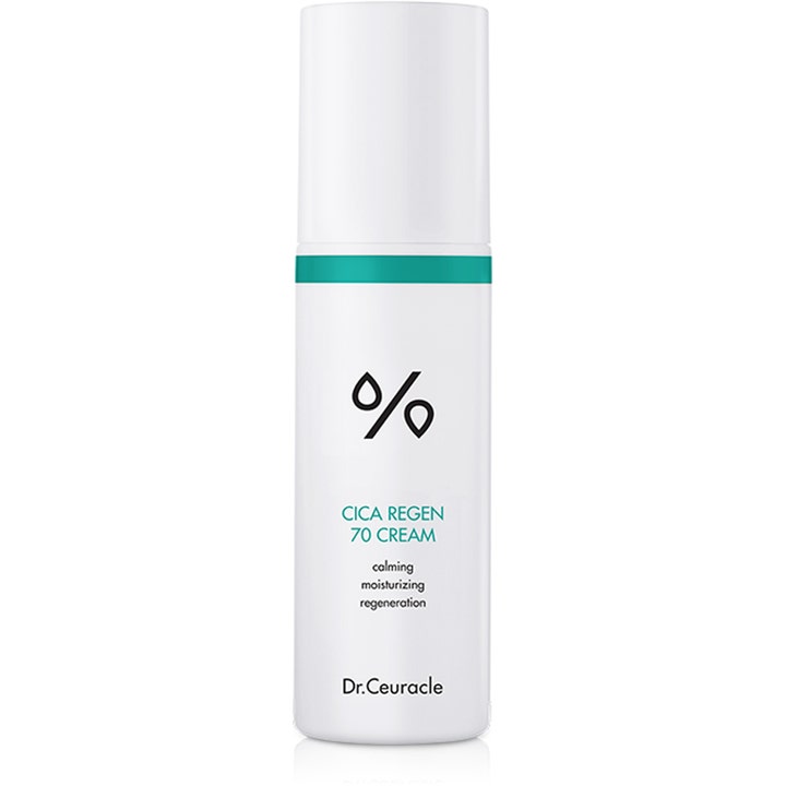Dr.Ceuracle Cica Regen 70 Cream 50ml beroligende ansiktskrem i hvit sylindrisk pumpeflaske med grønn stripe