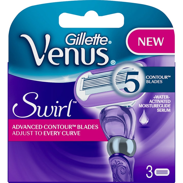 Gillette Venus Swirl 3-pakning barberblader gir tett barbering med fem blader i lilla emballasje med FlexiBall