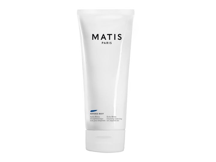 Matis Paris Réponse Body Hydra-Motion fuktgivende kroppskrem i hvit tube som gir pleie til dehydrert hud.