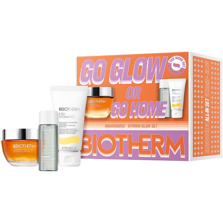 Biotherm Aquasource Vitamin Glow Set hudpleiesett for glød i fargerik eske med oransje gel og hvit tube.