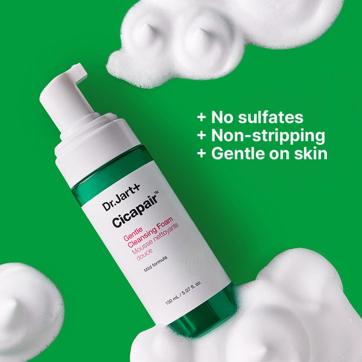 Dr.Jart+ Cicapair Gentle Cleansing Foam 150 ml skånsom ansiktsrens uten sulfater i grønn flaske med hvitt skum.