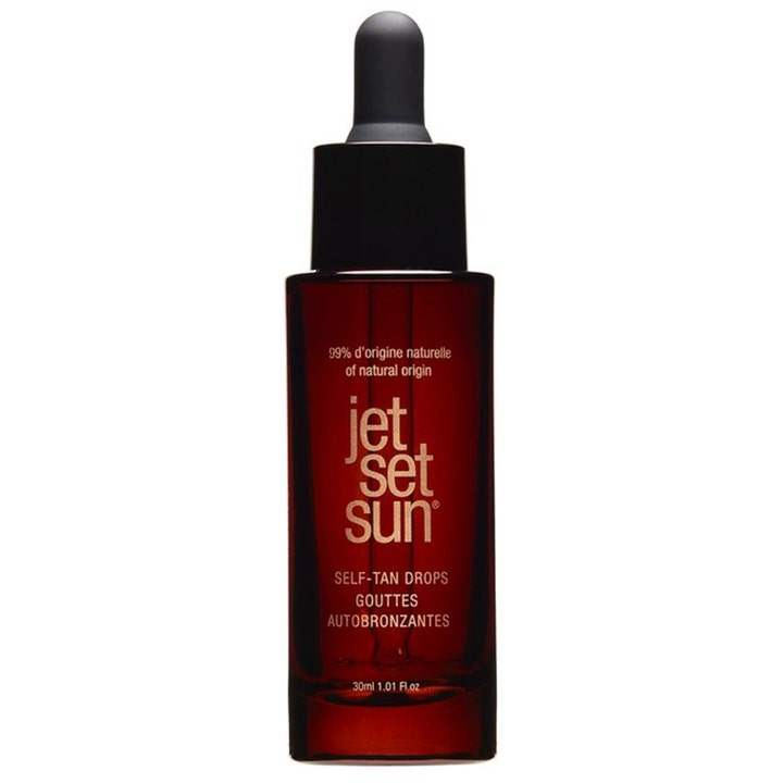 Jet Set Sun Self-Tan Drops 30ml selvbruning gir solkysset glød i mørkebrun glassflaske med pipette og gullskrift.