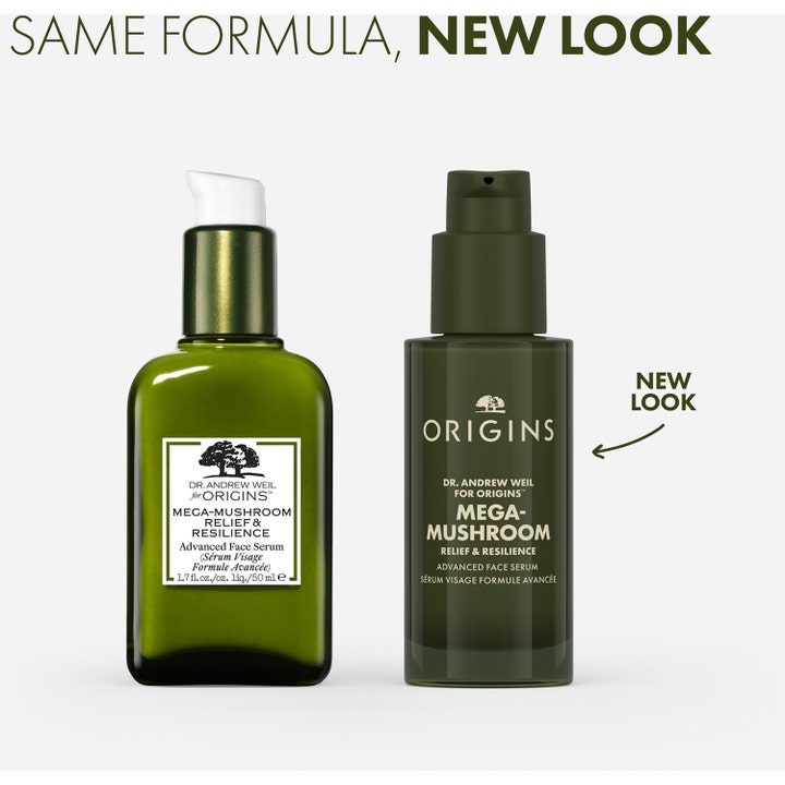 Origins Mega-Mushroom Relief & Resilience Serum 50 ml beroligende ansiktsserum i ny og gammel flaske