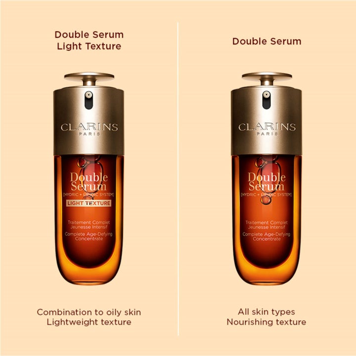 Clarins Double Serum Light Texture 50 ml antiage ansiktsserum sammenligner lett og nærende tekstur i gullflasker